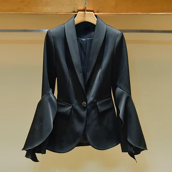 

Casual Small Suit Coat Female Spring 2020 New Style Women's Versatile Flounced Sleeves Black Suit Blouse