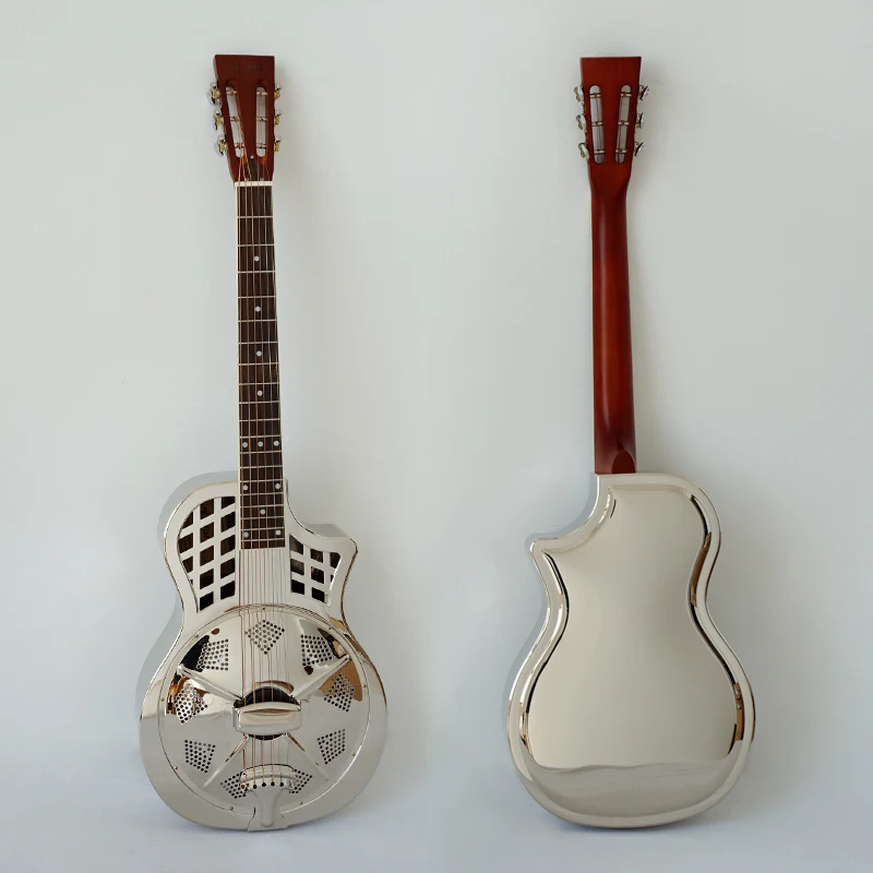 

Aiersi Brand Cutway Parlour Resonator Guitar Gloss Chrome Metal Bell brass Body Highway 61 resolian Parlor Guitars with case