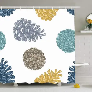 

Shower Curtain Set with Hooks 60x72 Hand Draw Engraving Element Retro Pine Wood Cone Nature Engraved Happy Textures Cedar for