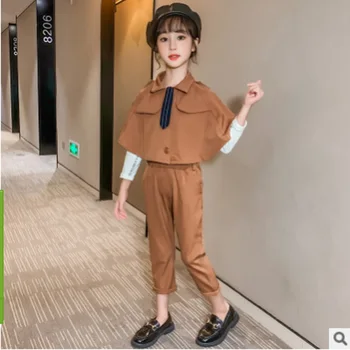 

Girls Shawl Clothing Set New 2020 Children's Clothing Brown Solid Color 2 Piece Size4-14 Kids Fashion Leisure Clothes Sets ly040