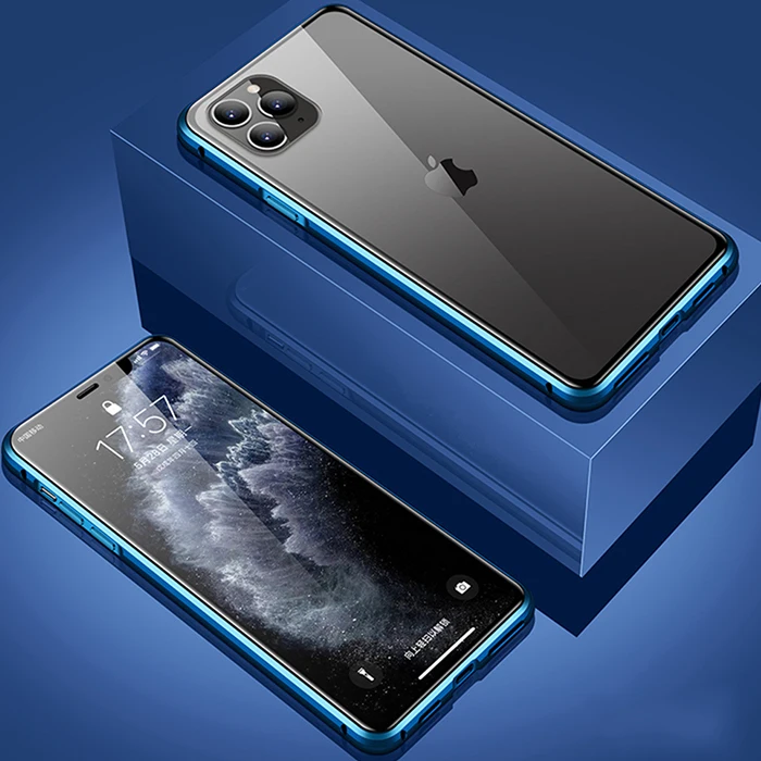 Двусторонний Магнитный чехол для iPhone 11 Pro Max, чехол на 360 °, полностью защищающий металлический чехол для телефона, стеклянная задняя крышка для iPhone 11 Pro, чехол - Цвет: Синий