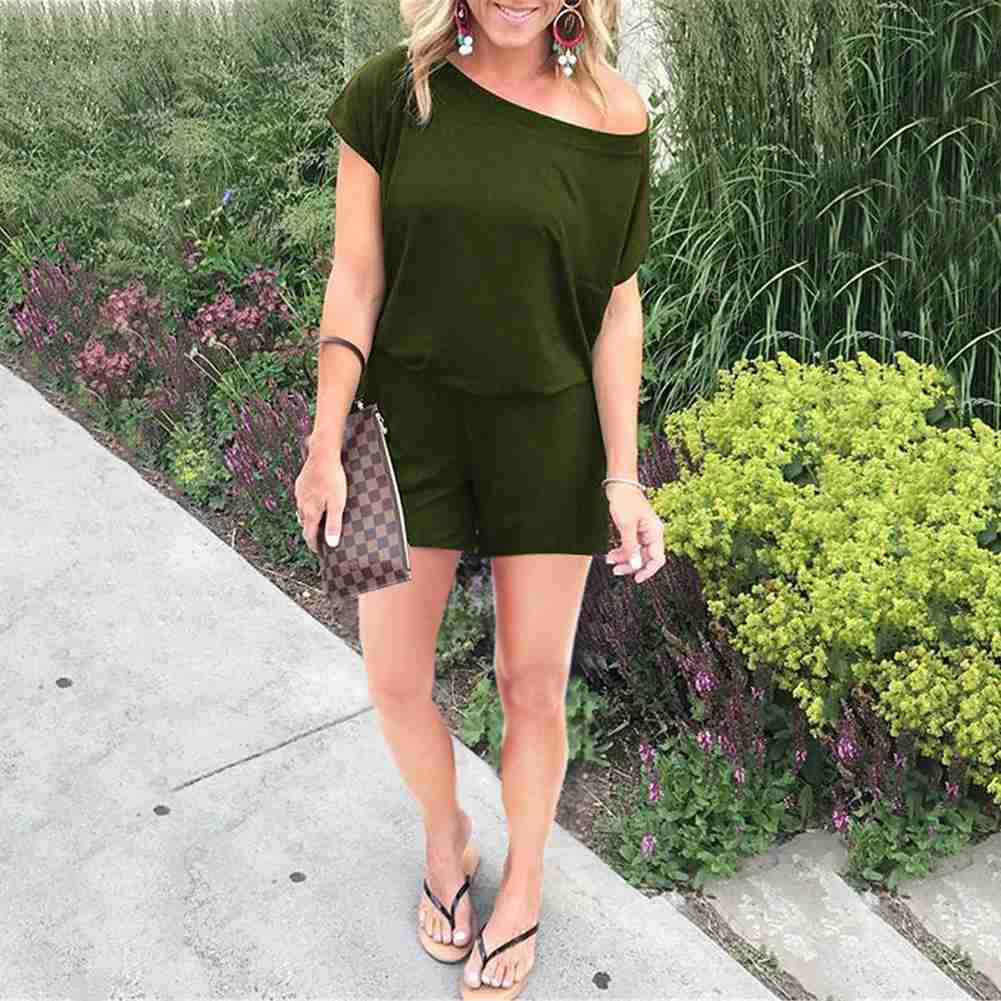 Women Casual Short Sleeve Pocket Female Strapless Shoulder Jumpsuit