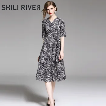 

New summer designer long dress for women short sleeve casual elegant leopard print vintage V neck pleated midi dresses belt