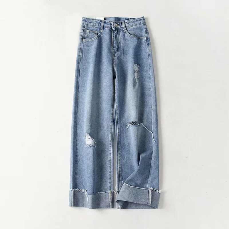 

Retro High Waist Jeans Ladies 2019 Loose Casual Korean Version of the Hole Modified Leg Type Popular Light Blue Jeans