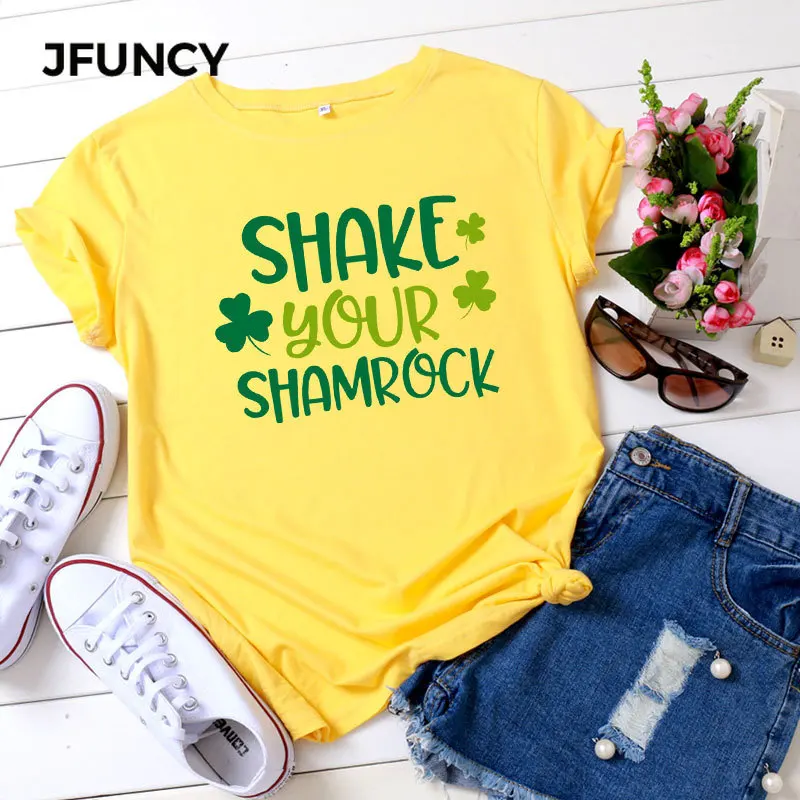 JFUNCY размера плюс женская Повседневная футболка SHAKE YOUR SHAMROCK с буквенным принтом
