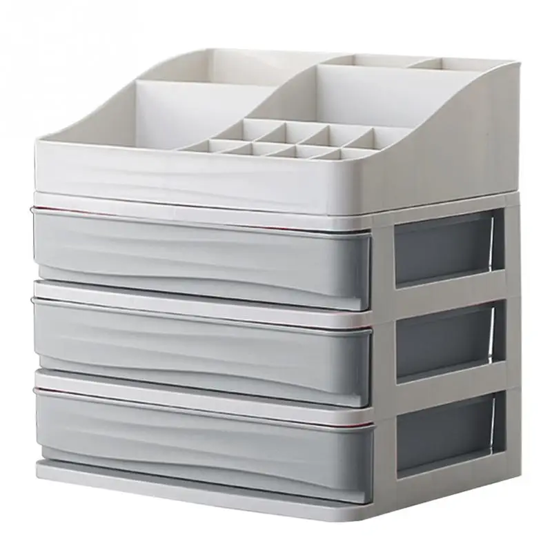 Пластиковый косметический ящик, органайзер для макияжа, коробка для хранения косметики, контейнер для рабочего стола, чехол для хранения(3 слоя+ перегородка, серый цвет
