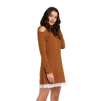

Fashion Off Shoulder Lace Stitching Women's Casual Solid Color Dress Round Neck Dress