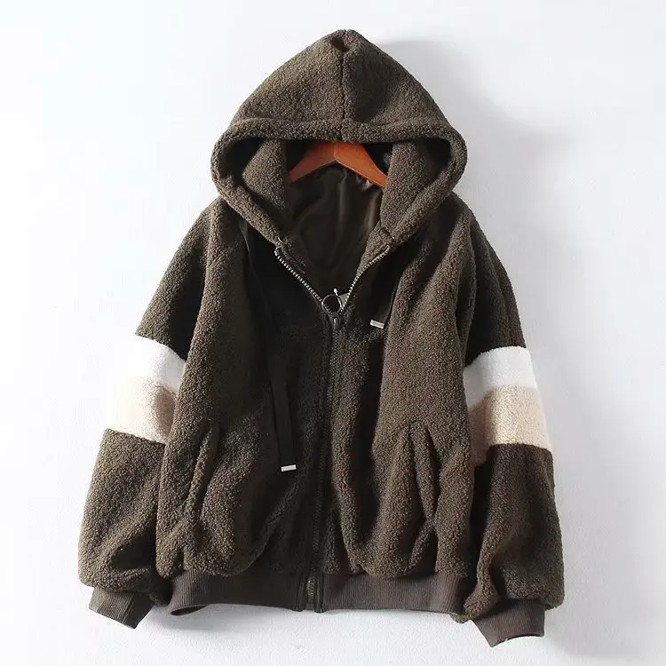 

2019 Autumn And Winter New Style Mixed Colors Faux Lambswool Hooded Loose-Fit Short Jacket Warm Cotton Coat Four Colors