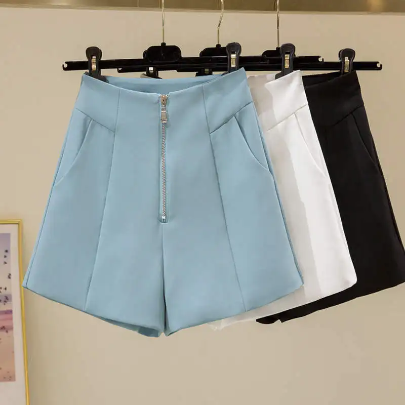 

Women's Suit Shorts All-Match Zippers Fashion Office Suit Shorts Women Blue Black White Wide Leg High Waist Summer Shorts C7373