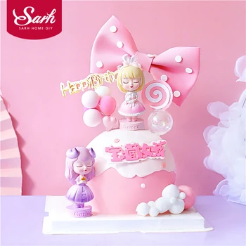 

Big Bow Purple Gothic Pink Rabbit Girl Happy Birthday Children Cake Topper Decoration for Party Supplies Baking Lovely Gifts