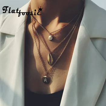

Flatfoosie Bohemian Multi-layer Gold Shell Choker Necklace Collar Statement Crystal Letter Chain Pendant Necklaces Women Jewelry