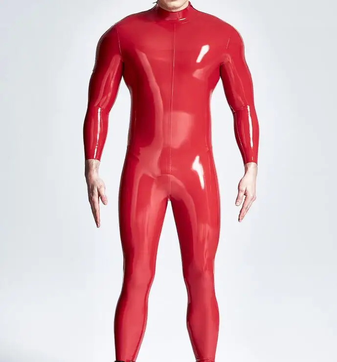 Natural Latex Male Shoulder-Zip Catsuit Double-Diagonal Zipper Rubber Bodysuits