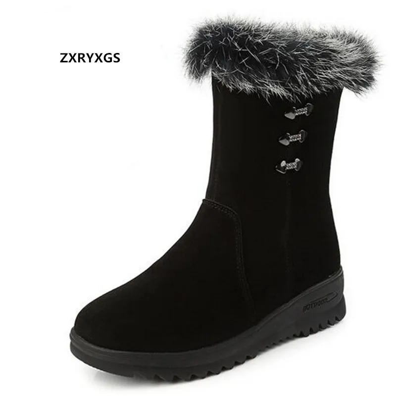 

High Quality Frosted Cowhide Rabbit Fur Mid-tube Boots Winter Snow Boots Flat Non-slip Wedges Big Size Woman Boots Fashion Boots