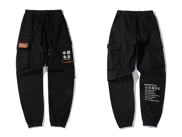 Aelfric Eden Letter Printed Pockets Mens Harem Cargo Pants Fashion Harajuku Hip Hop Casual Streetwear Male Joggers Trousers - Color: Black