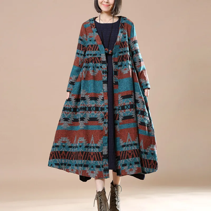 

2019 NEW Winter Clothing Plus Size Women's Clothes Literary Coat Winter Printing Wool Long section Cotton Jacket Oversized V970