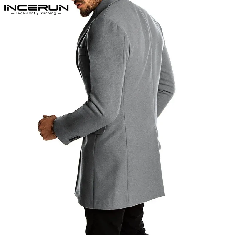 Осенне-зимнее Мужское пальто с длинными рукавами, сплошной цветной лацкан, шерстяное пальто с воротником в деловом стиле, теплое пальто средней длины, INCERUN, плюс размер 7