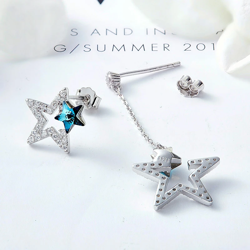Warme Farben Korean Earrings Made with Swarovski Crystal 925 Silver Star Long and Short Asymmetric Earrings for Party Brincos