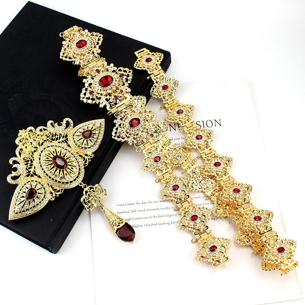 Sunspicems Moroccan Wedding Jewelry Sets Caftan Belt Brooch for Women Gold Color Red Crystal Bride Gift | Украшения и аксессуары