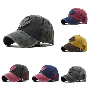 

Summer Baseball Cap women men Adjustable Hat Distressed Denim Maple Leaf Embroidered Baseball Cap бейсболка мужская 2020#pingyou
