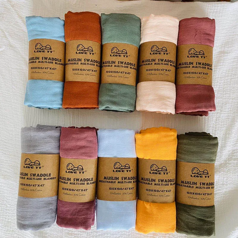 Bamboo Cotton Wrapped Muslin Blankets Bath Towel With Solid Color Dyed Wrap For Newborn Infants
