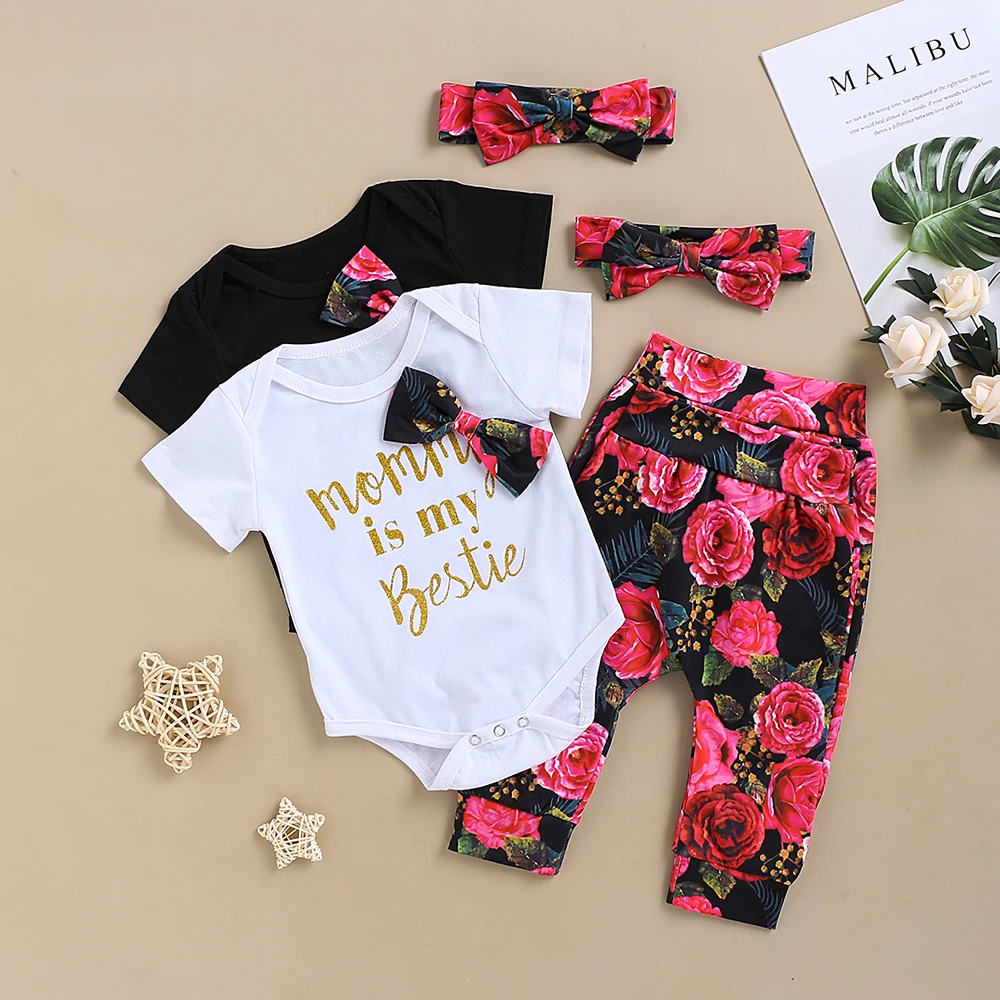 CYSINCOS Newborn Baby Girls Short Sleeve Letter Tops +Flower Pants+Headband Print 3Pcs Outfits Casual Polyester Toddler Clothes