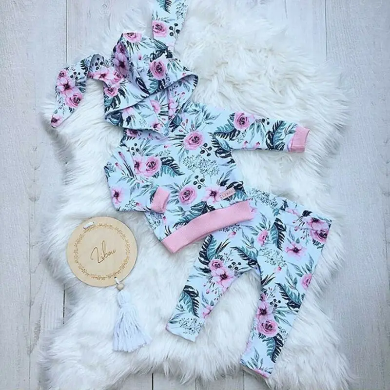 2PCS Newborn Baby Girls Winter Clothes Flower print Clothes Hooded Sweatshirt Pants Outfits Clothes