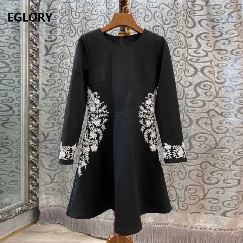 

100%Cotton Dress 2019 Autumn Style Women O-Neck Appliques Embroidery Patchwork 3/4 Sleeve Large Swing Party Vintage Dress Mini