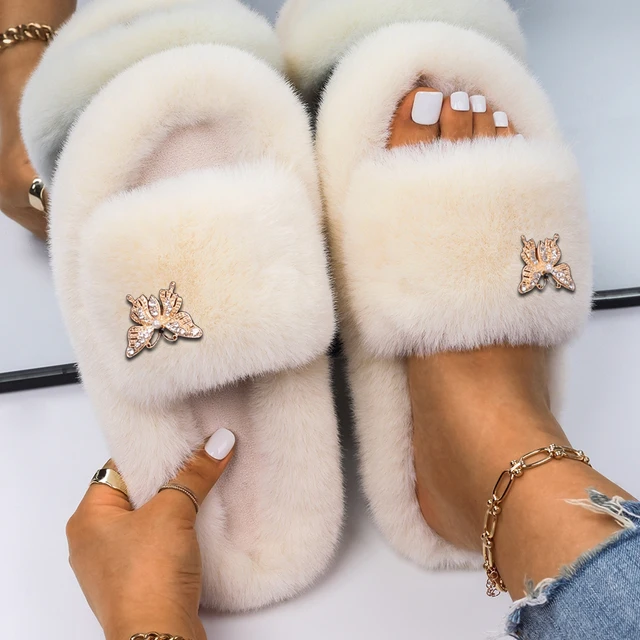 Fuzzy Slides Flip Flops Slippers Designer Rhinestone Butterfly Flat Sandals  Winter Faux Fur Slippers Female Furry Shoes New 2022 - Women's Slippers -  AliExpress