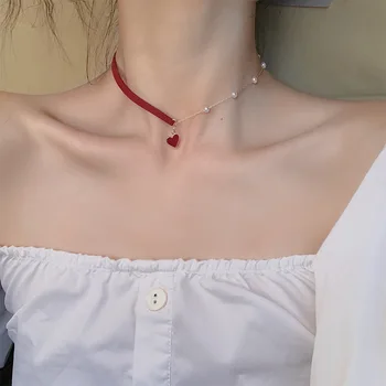

Short Small Red Heart Clavicle Chain Neck Jewelry Collar Neck Strap Simple Temperament Net Red Love Necklace Women's Clothing