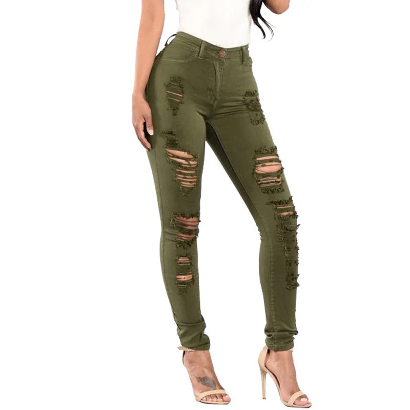 

CUHAKCI Pencil Pants Stretchy Ripped Jeans Woman Denim Sexy Trousers For Women Black Army Green Skinny