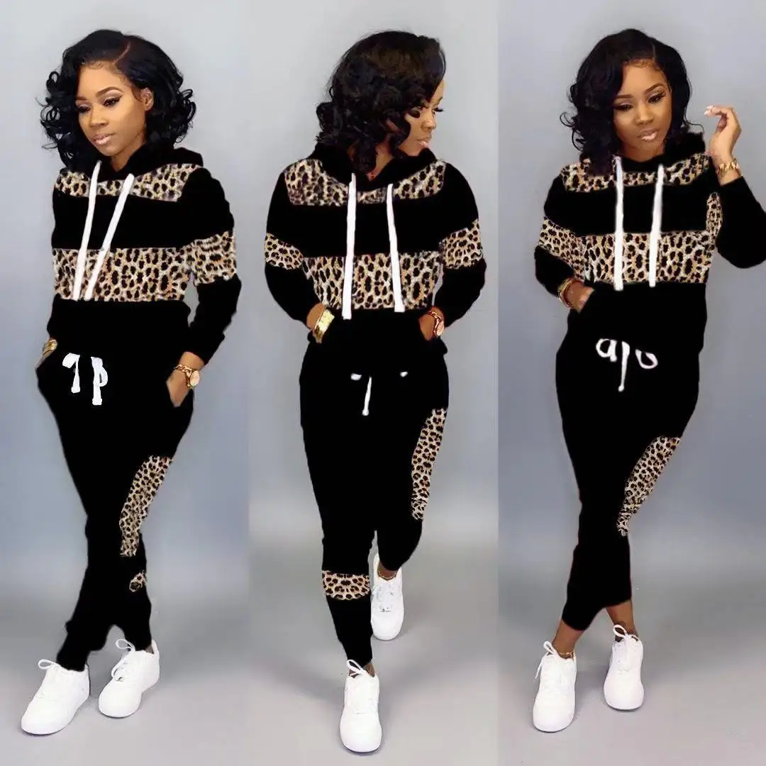 

2 Piece Set Women Tracksuit Fashion Leopard Pathwork Hoodies And Long Pant Autumn Casual Ladies Two Pieces Set Jogging Suits