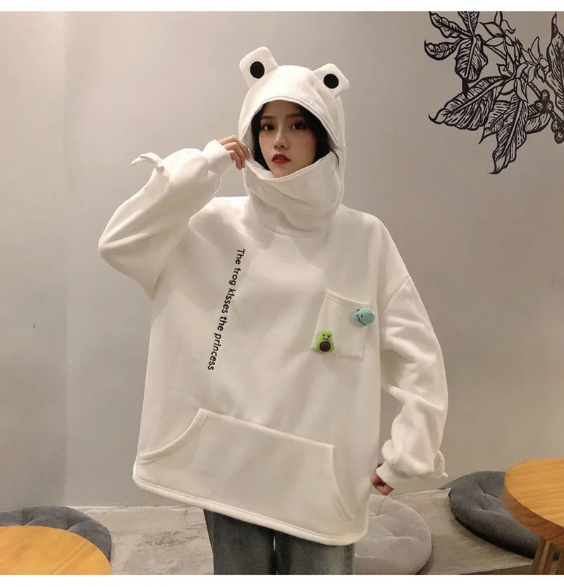 

Plus Size Couple Wear Women Hoodie Cute Long-Sleeved Loose Print Velvet Padded Sweater High-Necked Frog Head Warm Pullover