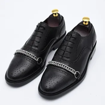 

Brogue Shoes Mens Brand Classic Business Formal Low-Top Carved Cowhide Dress Shoes Men Metal Chain Manual Genuine Leather Shoes