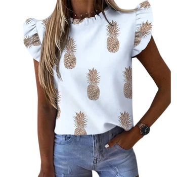 

t Shirt Women's top White pineapple Striped Dot t Shirt Ladies Top Casual Ruffle Sleeveless Women's t Shirt Femme #w