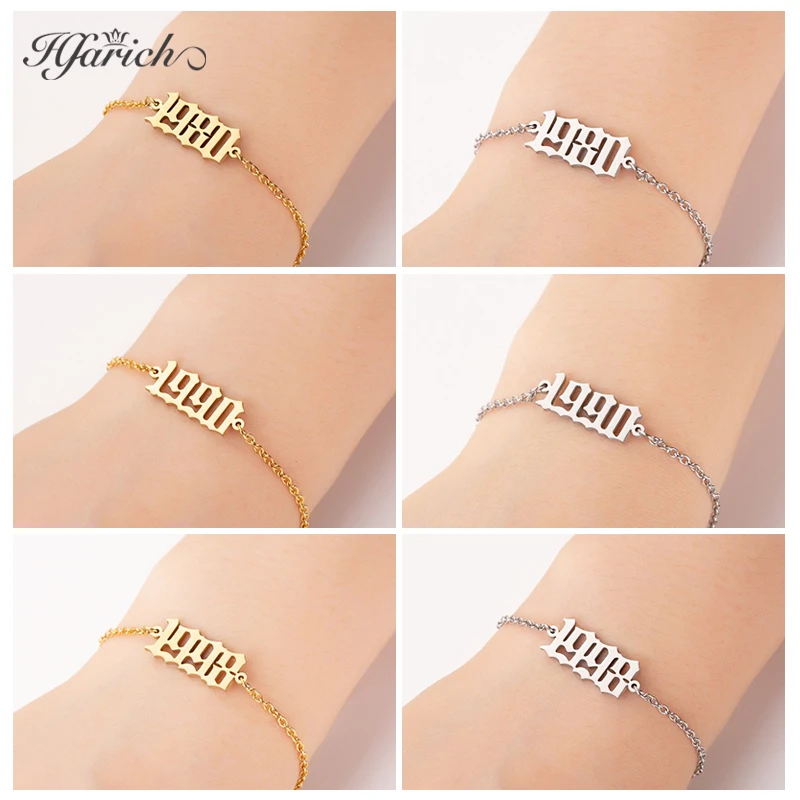 

Hfarich Old English Digital Bracelet Special Date Year Number Bracelets for Women Custom Jewelry 1980 to 2000 Charm Bracelet