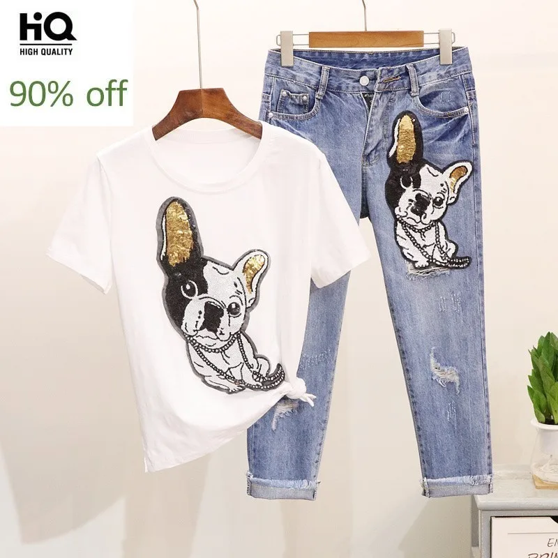 

Female Two Piece Summer 2020 Hot Fashion Pattern Floral Sequined Short Sleeves Tops Casual Hole Ripped Ankle-Length Pants Sets