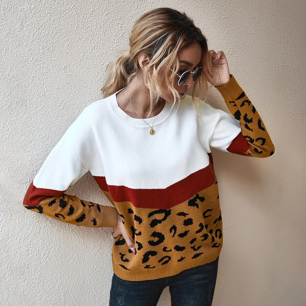 

Leopard Print Women Sweater Colorblock Patchwork Loose Female Pullover O-Neck Casual 2020 Autumn Winter Lady Jumper