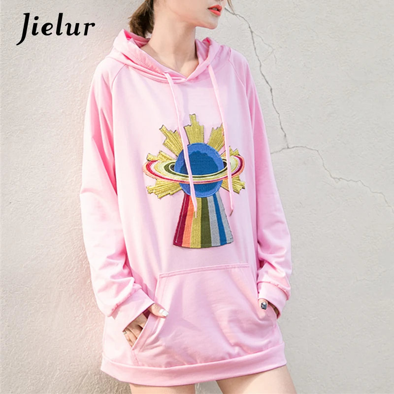 

Fashion Rainbow Star Embroidery Pink Hoodies for Women Loose Hooded Female Sweatshirt Korean Pocket Tracksuits Pullover Long Top