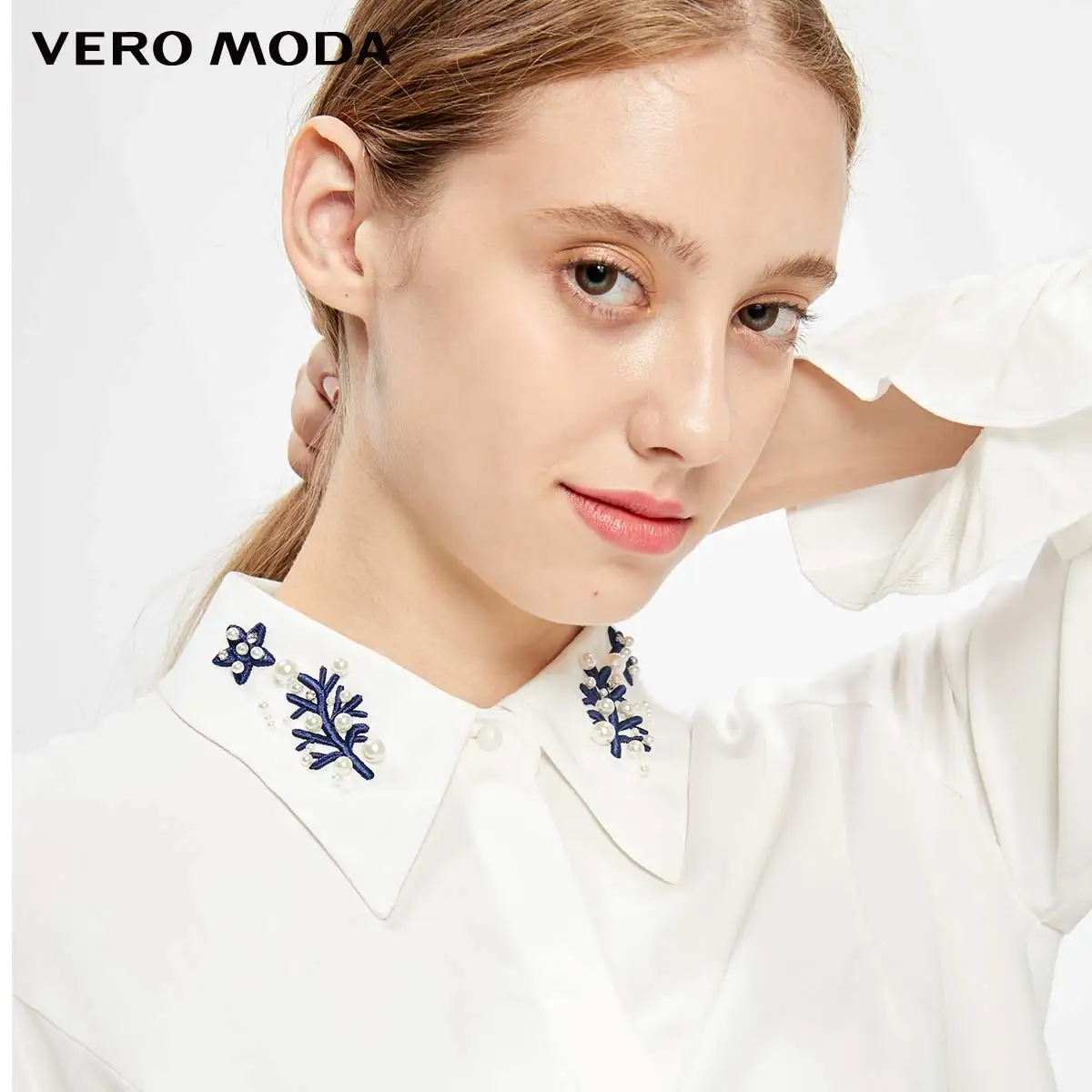 Vero Moda Женская приталенная рубашка с расклешенными рукавами и вышивкой из искусственного жемчуга | 319305538