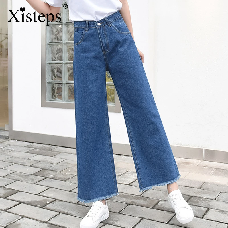

Xisteps Women New Casual Wide Leg Loose Jeans Female Calf length Straight No elastic Boyfriend Denim pants Plus size Trousers