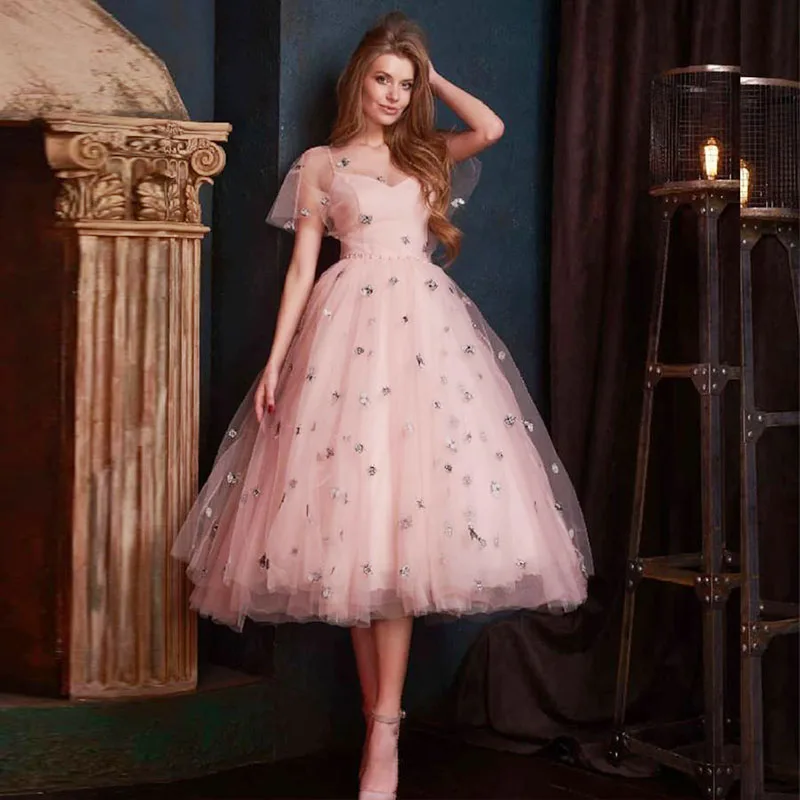 US $86.39 Eightree Pink Short Evening Dresses A Line Lace Appliques Prom Dresses Tea Length Tulle Plus Size Formal Evening Party Dress
