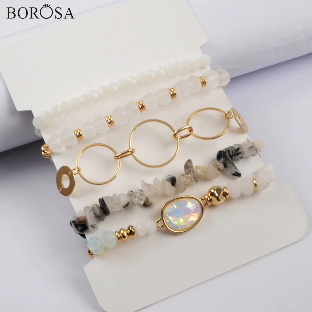 BOROSA 5 комплектов(5 шт./компл. Смешанные браслеты) мульти-виды Нефы драгоценные камни бисер опал Хрустальное стекло с фаской бисера браслет наборы ювелирных изделий WX1187