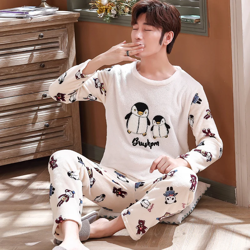 men pajamas winter Зимние мужские пижамные комплекты, толстая фланелевая теплая пижама с длинными рукавами и рисунком, коралловый флисовый Пижамный комплект для сна и отдыха, домашняя одежда - Цвет: men pajamas winter