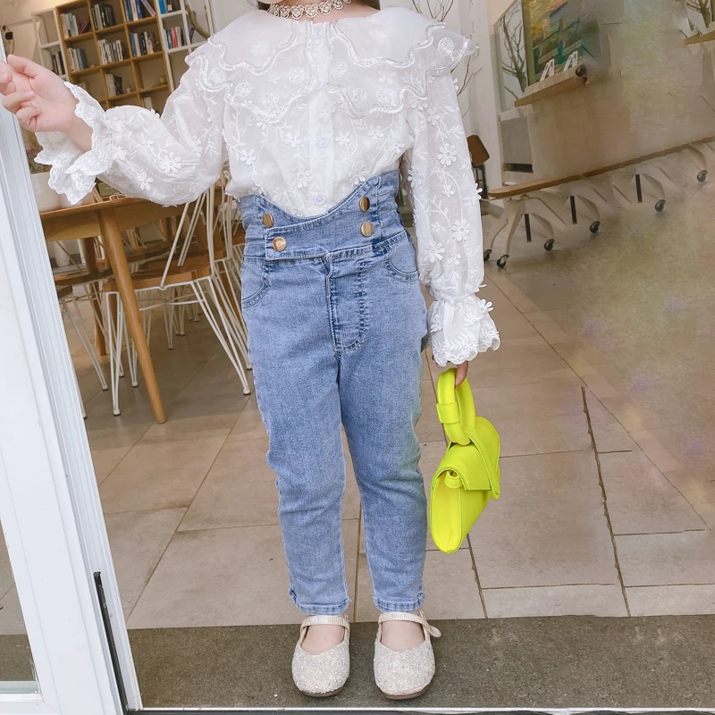  Spring Summer girls jeans baby trousers kids denim pants children bottoms streetwear crop button ir