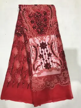 

Red Upscale Style Sequins Lace Fabric Sequined Embroidered Guipure Net Lace African Wedding Dresses Sewing Mesh Material JL2581