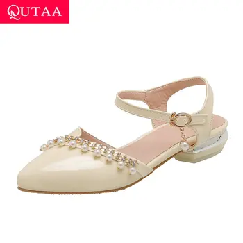

QUTAA 2020 Pointed Toe Buckle Summer Women Pumps String Bead Fashion Sandals PU Leather Square Low Heel Women Shoes Size 34-43