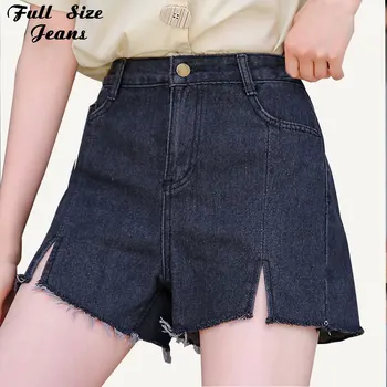 

Women Plus Size Front Split Tassel Hem Black Short Jeans 3XL 5XL Summer High Waist Casual Denim Shorts Hot Trousers