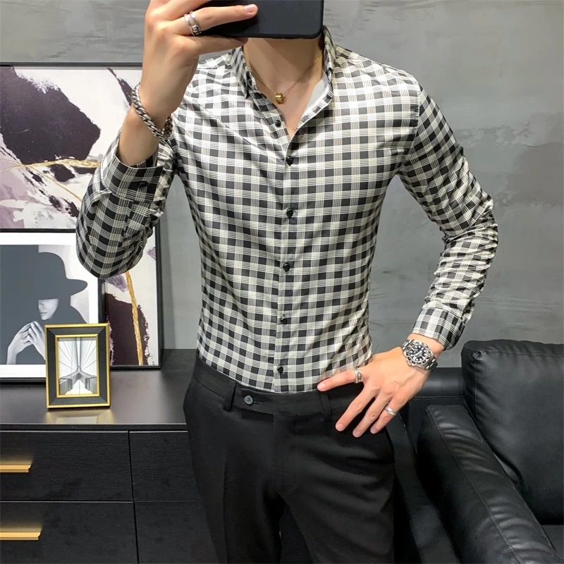 Camisa a cuadros para hombre, camisas manga de oficina a la moda, ropa informal ajustada que combina con todo, Otoño, 2020|Camisas vestir| - AliExpress