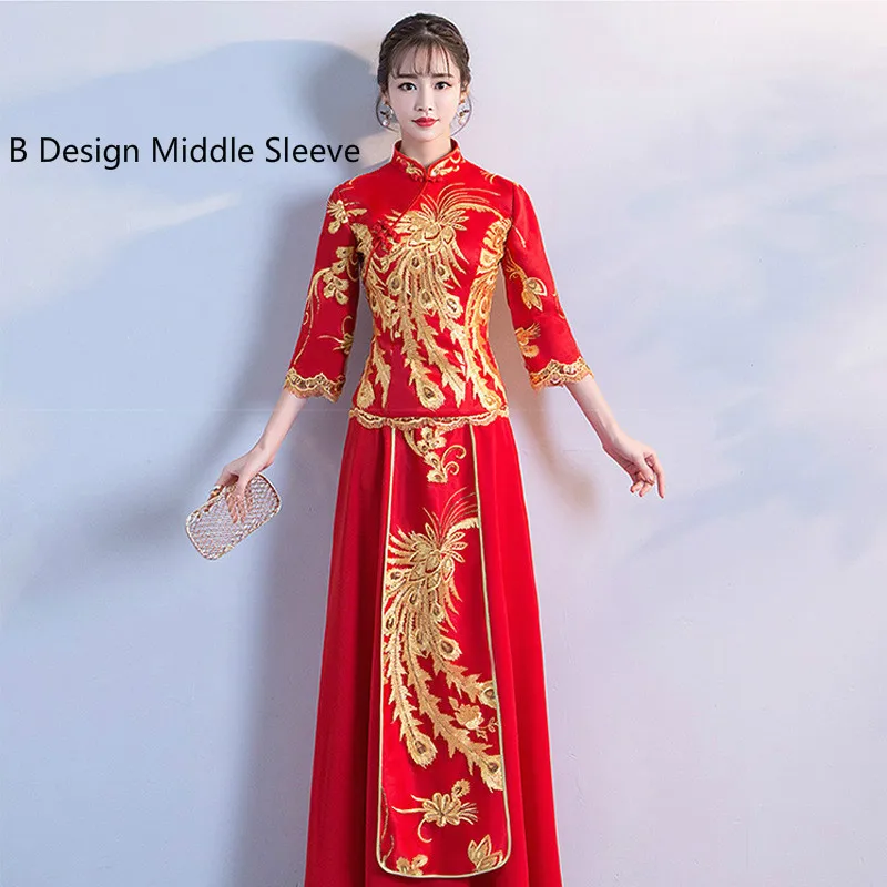 B middle sleeve Китайское традиционное платье Ципао для женщин невесты Cheongsam винтажные Свадебные платья леди династии Тан костюм - Цвет: B middle sleeve