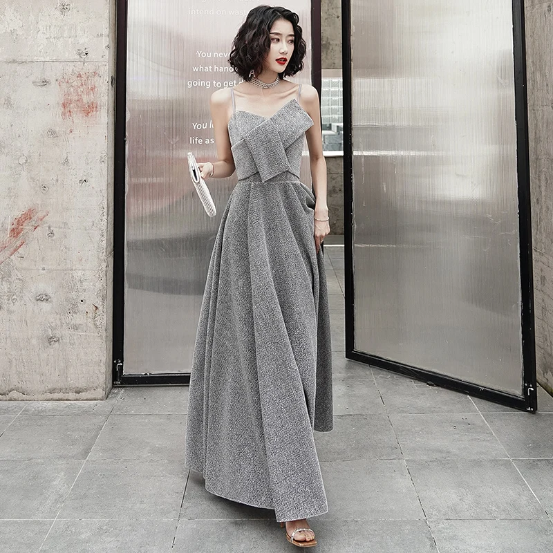 

AE528 2019 Sexy V-Neck Backless Evening Dresses Satin Long Robe De Soiree Grey Spaghetti Strap Party Gowns Real Picture